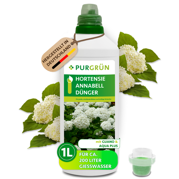 Purgrün Hortensie Annabell Dünger, 1 Liter Flasche, mit Guano und Aqua Plus, für circa 200 Liter Gießwasser, hergestellt in Deutschland.
