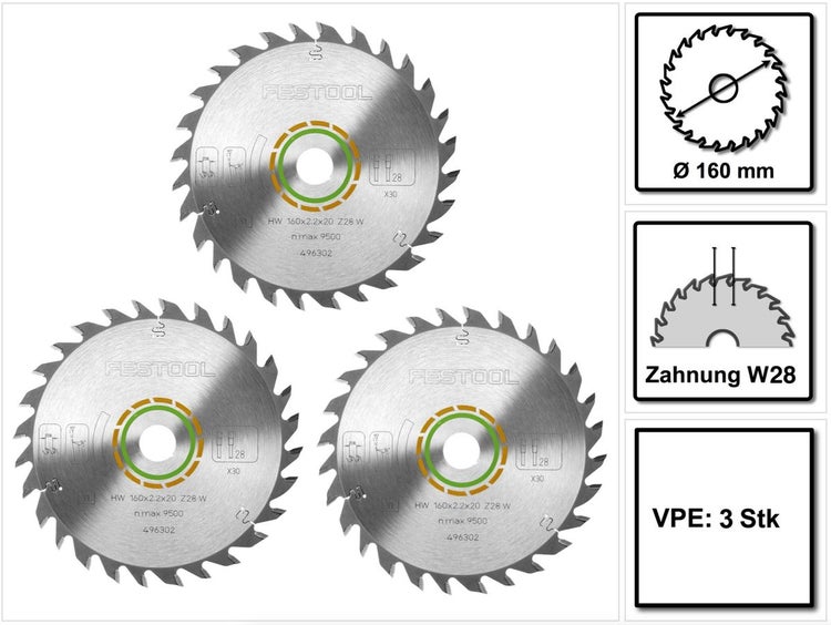 3x Festool Universal Kreissägeblatt W28 160 x 2,2 x 20 mm 160 mm 28 Zähne ( 496302 ) TS TSC ATF AP