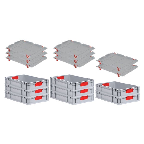 PROREGAL Spar Set 8x Eurobox Nextgen Color Mit Auflagedeckel & Schiebeschnappverschlüsse HxBxT 12 x 40 x 60 cm Griffe Rot Geschlossen Glatter Boden