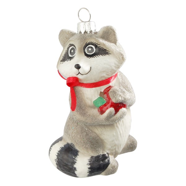 Waschbär mit Apfel 9cm, Glasornament, mundgeblasen und handekoriert, 1 Stck., Weihnachtsbaumkugeln, Christbaumschmuck, Weihnachtsbaumanhänger