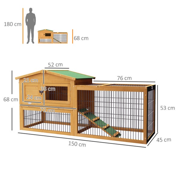 PawHut Hasenstall 2 Ebenen Kaninchenstall aus Tannenholz Winterfest Doppelstockhaus mit Freilaufgehege Rampe 150x52x68 cm Kaninchenkäfig Outdoor Kleintierstall für Hasen Kaninchen Meerschweinchen Gelb