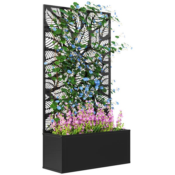 Schwarzer Pflanzkasten aus Metall mit Rankgitter, Blattmuster, bepflanzt mit blauen und rosa Blumen.