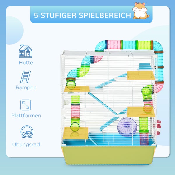 PawHut Kleintierkäfig Kleintierstall mit Rampe und Laufrad 5-Ebenen Käfig Nagerkäfig kleine Haustiere Futternapf Trinkflasche Stahldraht Kunststoff PS Hellblau+Weiß 59 x 36 x 69 cm
