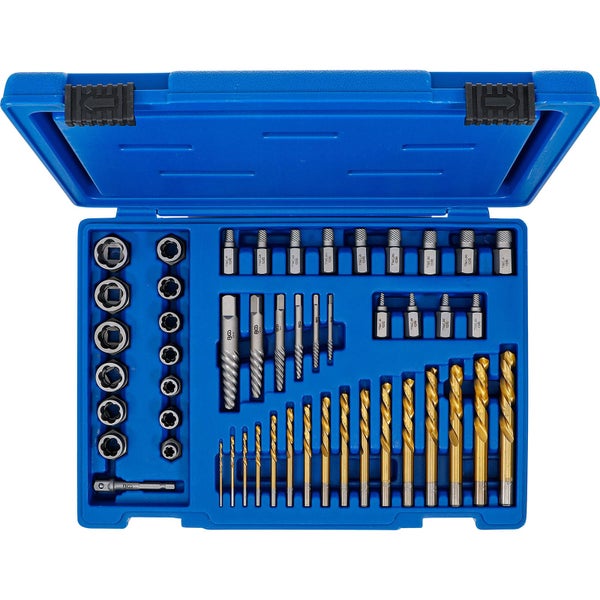 Schraubenausdreher- und Bohrer-Satz in einem blauen Kunststoffkoffer mit Linksausdrehern und Metallbohrern in verschiedenen Groessen.