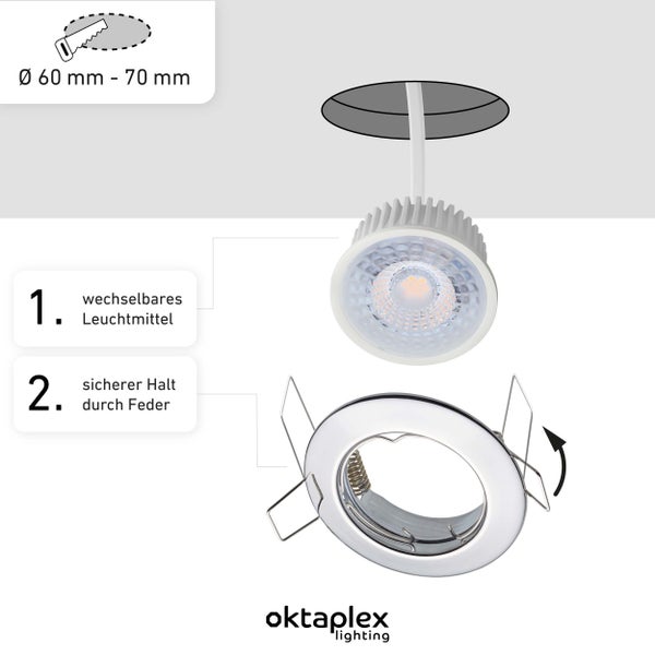 Oktaplex Lighting 6er Set LED Spot Sedan - mit LED Modul 4,8W 4000K 230V 380lm Neutralweiß 110° - Einbaustrahler Chrom Lochmaß 60mm