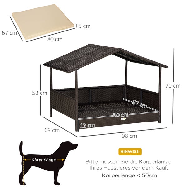 PawHut Rattan Hundehaus mit Kissen, 69 x 98 x 70 cm, Kunststoff, Kaffee-Braun