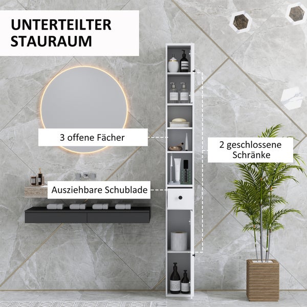 HOMCOM Badezimmerschrank schmal, Hochschrank Toilettenschrank mit Schublade, 3 offenen Fächern, verstellbarem Regal, Badschrank für kleine Räume, Badezimmer, Wohnzimmer 20 x 20 x 178 cm Weiß