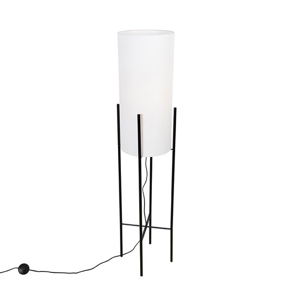 QAZQA - Modern Design Stehleuchte I Stehlampe I Standleuchte I Lampe I Leuchte schwarz mit Leinenschirm weiß - Rich I Wohnzimmer I Schlafzimmer - Leinen Zylinder - LED geeignet E27