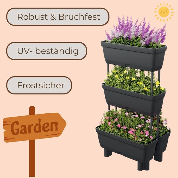 Dreistöckiger Pflanzkasten mit Blumen, robust, bruchfest, UV beständig und frostsicher