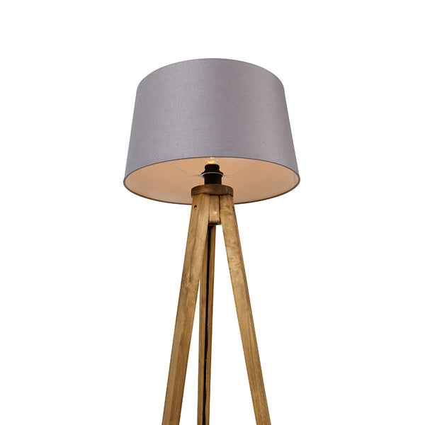 Stehleuchte mit Holzstativ und Stoffschirm