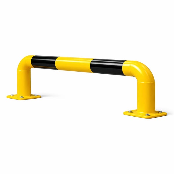 Rammschutzbügel aus Stahl, gelb-schwarz gestreift, mit zwei Bodenplatten zur Montage.