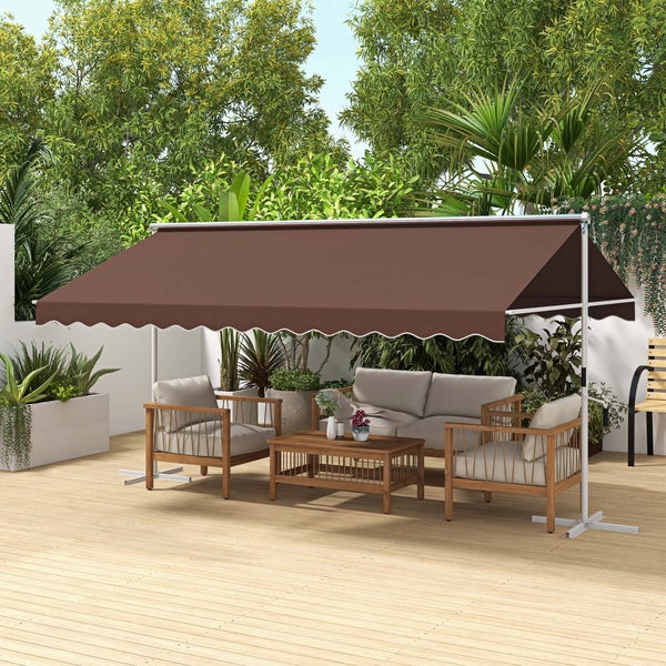 Outsunny Standmarkise, mit Handkurbel, Ausziehbare Terrassenüberdachung, Verstellbar Sonnenschutz für Garten, Balkon, 4,5 x 3,4 m, Polyester, Kaffee
