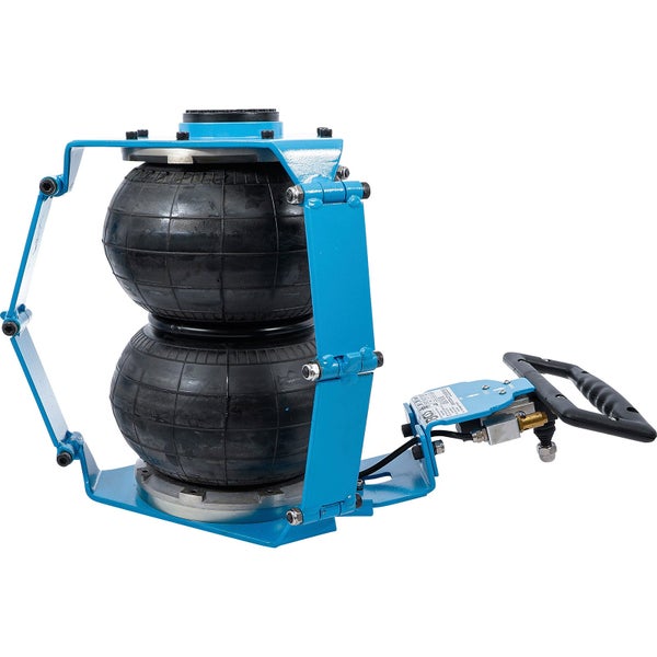 Pneumatischer Wagenheber mit zwei Luftbälgen, blauem Metallrahmen und Bedienungsgriff.