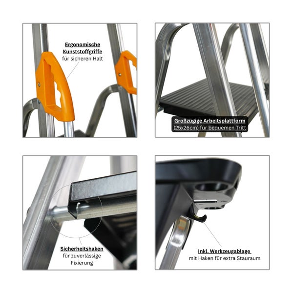 Detailansicht einer Trittleiter mit rutschfesten Kunststoffgriffen, Arbeitsplattform, Sicherheitsbügel und Werkzeugablage.