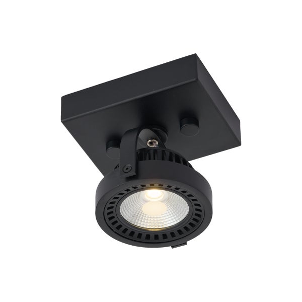 LED Deckenstrahler mit quadratischer Basis und schwenkbarem Rundstrahler in Metall.