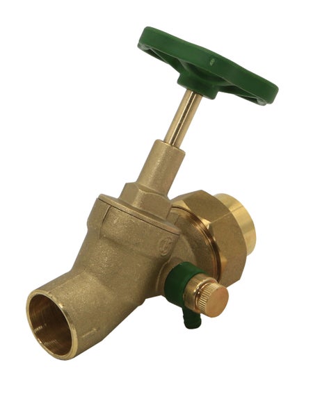 Schrägsitzventil aus Messing mit grünem Handrad und Entleerungsventil für die Wasserinstallation.