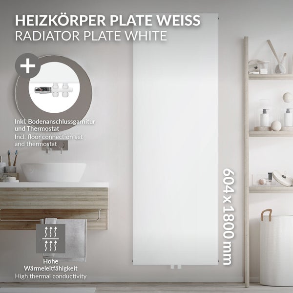 LuxeBath Badheizkörper 1800x604mm Weiß Flach mit Bodenanschlussgarnitur Durchgangsform Multiblock Thermostat, Paneelheizkörper Mittelanschluss Vertikal Planheizkörper Vorderseite glatt Flachheizkörper