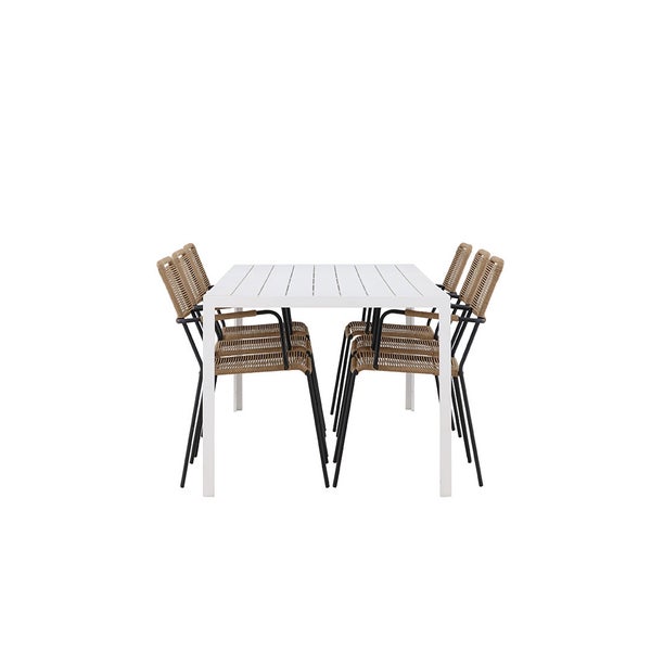Garten-Essgruppe bestehend aus einem weißen rechteckigen Tisch mit Lattenstruktur und sechs Stühlen mit schwarzem Metallgestell und Seilgeflecht.