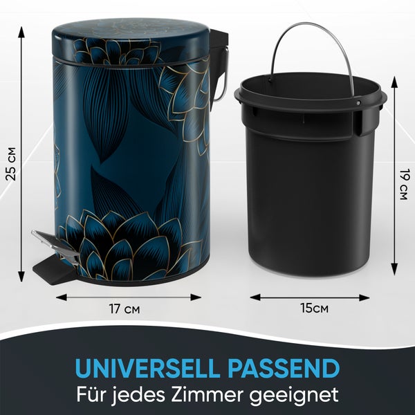 Tretmülleimer mit Blumenmuster, Höhe 25 Zentimeter, Breite 17 Zentimeter, schwarzer Inneneimer, Höhe 19 Zentimeter, Breite 15 Zentimeter.
