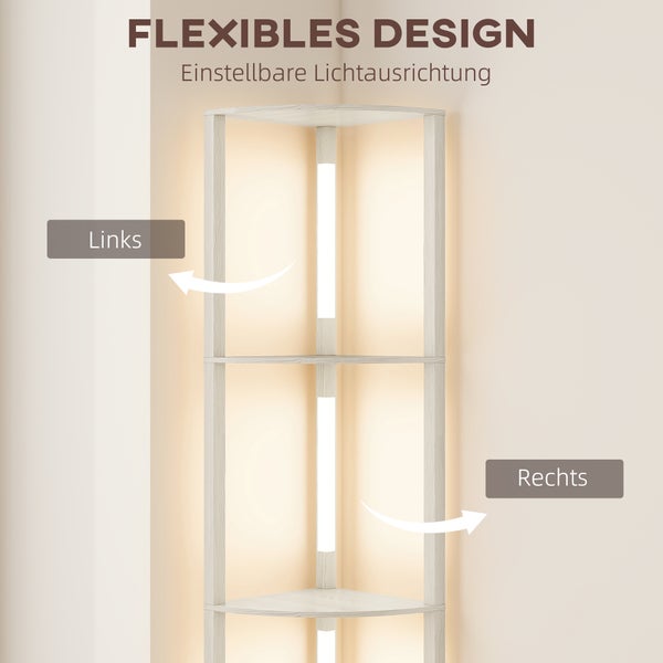 Eckregal mit integrierter, drehbarer Beleuchtung. Lichtausrichtung nach links oder rechts einstellbar. Holzoptik.