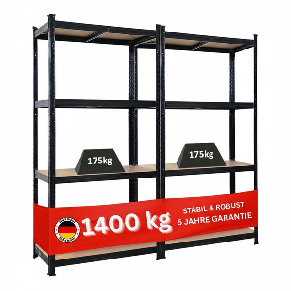 Schwarzes Schwerlastregal mit fünf Regalböden und einer maximalen Traglast von 1400 Kilogramm.