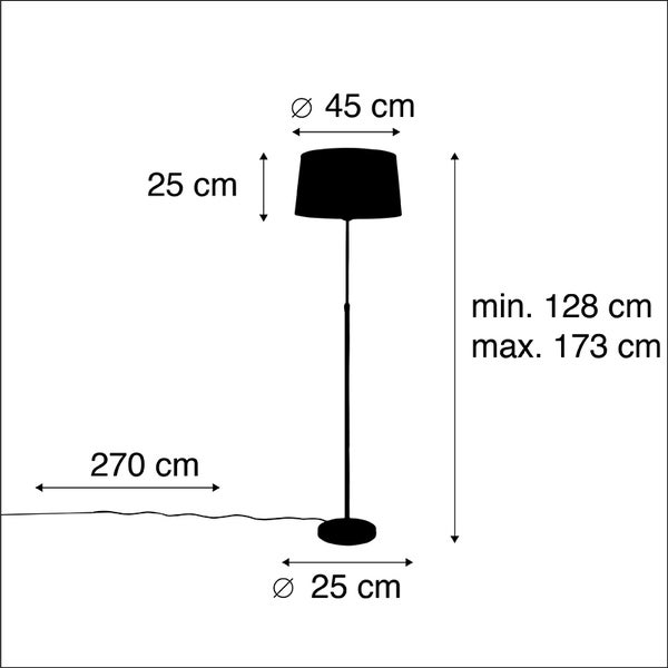 Abmessungen einer Stehlampe: Lampenschirmdurchmesser 45 Zentimeter, Lampenschirmhöhe 25 Zentimeter, Kabellänge 270 Zentimeter, Fußdurchmesser 25 Zentimeter, minimale Höhe 128 Zentimeter, maximale Höhe 173 Zentimeter