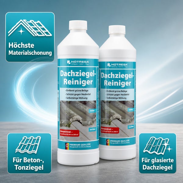 Zwei Flaschen Hotrega Dachziegelreiniger Konzentrat zur Entfernung von grünen Belägen auf Beton- und Tonziegeln sowie glasierten Dachziegeln.