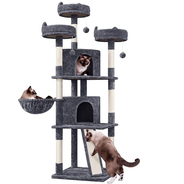 Grauer Katzenkratzbaum mit mehreren Ebenen, Katzenhäusern und Spielbällen mit Katzen