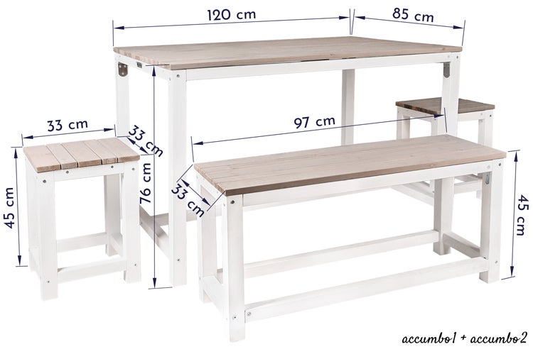 WONDERMAKE® Design Sitzgruppe Sitzgarnitur Holz mit Abdeckung Outdoor Garten Balkon 4 Personen Plätze, Essgruppe Möbel-Set Essgarnitur draußen außen, 4-teilig: Tisch Sitzbank Stühle Hocker, weiß grau