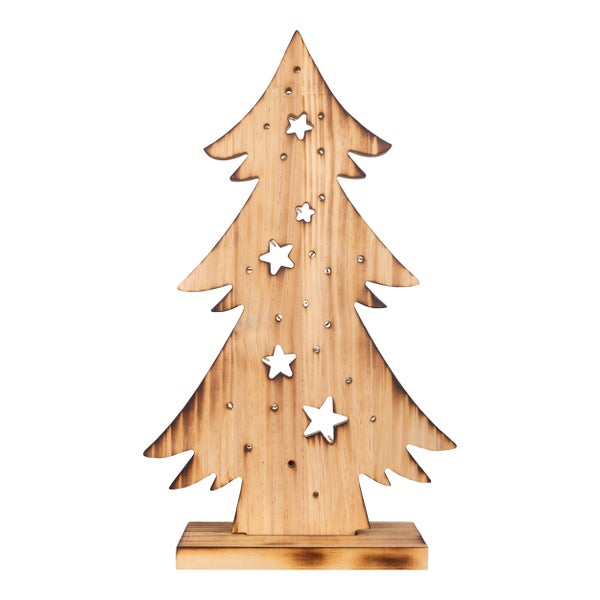 Dekorativer Weihnachtsbaum aus Holz mit Sternenornamenten als Tischdekoration