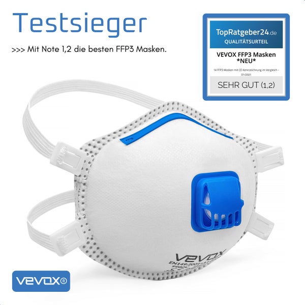 VEVOX® FFP3 Maske mit Ventil – im 20er Set – Staubmaske – Atemschutzmaske – Staubschutzmaske – Feinstaubmaske – Atemschutz z.B. gegen Feinstaub, Schimmel oder Asbest
