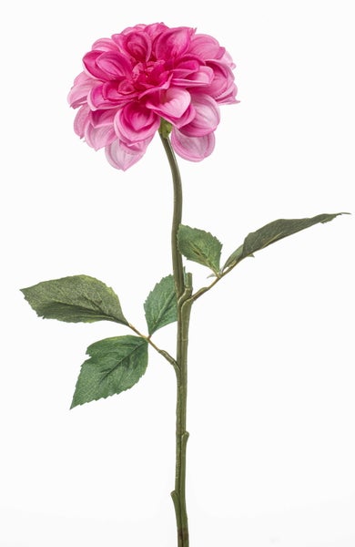 Künstliche Dahlie am Stiel mit pinkfarbener Blüte und grünen Blättern
