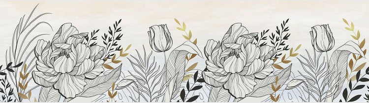 Bordüre mit floraler Strichzeichnung, großen Blüten, Tulpen und Blättern in Schwarz und Gold.