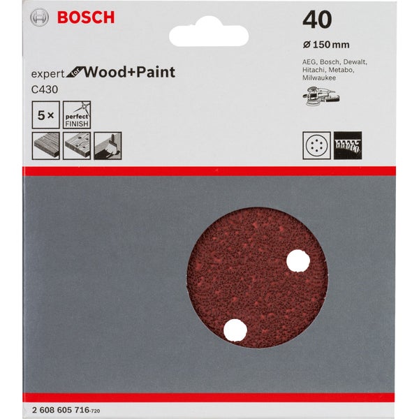 Bosch 5x Schleifblatt C430 Expert for Wood 6 Löcher Klett 150 mm K40 - 2608605716
