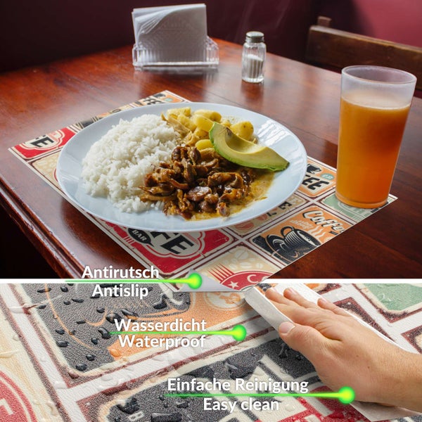 Platzset mit Kaffee-Motiv auf einem Tisch, wasserdicht, rutschfest und leicht zu reinigen.