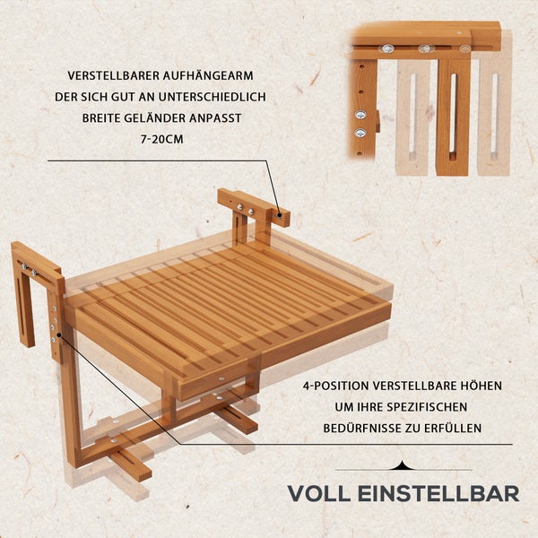 Outsunny Balkontisch zum Einhängen, klappbar Balkonhängetisch, höhenverstellbar Hängetisch, bis 20 kg belastbar, für Terrasse, Garten, Kiefer, 68 x 65 cm, Teak