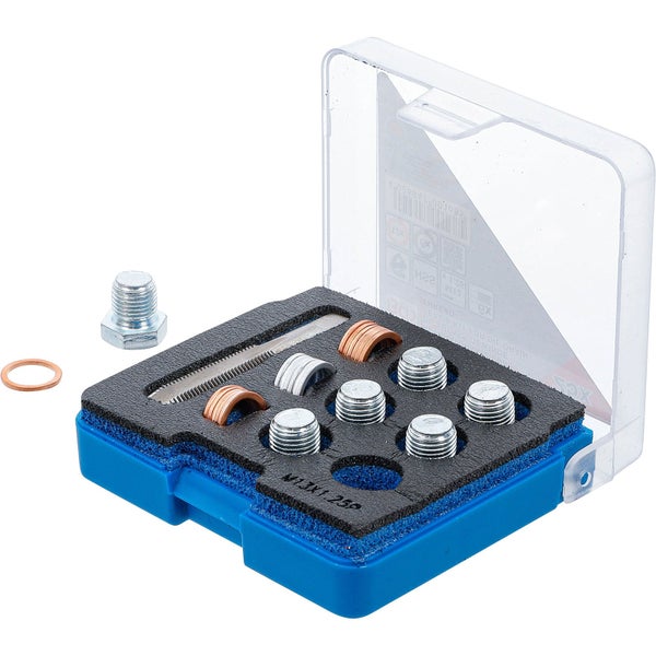 Ölwannen Reparatursatz im blauen Kasten mit Gewindeschneider, Schrauben und Dichtungen