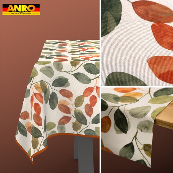 Abwaschbare Tischdecke mit Blättermotiv, Gewebestruktur in der Detailansicht und ANRO Logo.