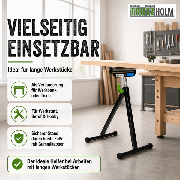 Trutzholm Logo. Rollbock als Werkbank-Verlängerung für lange Werkstücke in einer hellen Werkstatt. Stabiler Stand durch breite Füße mit Gummikappen.