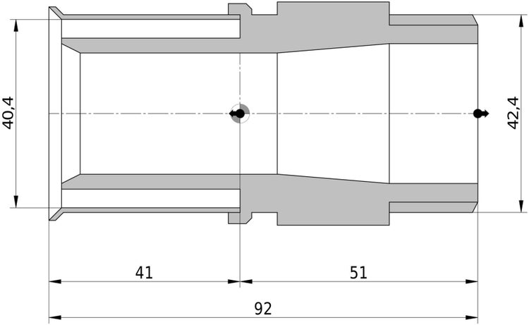 Technische Zeichnung einer Rohrverschraubung mit Maßen: Gesamtlänge 92 Millimeter, Durchmesser 40,4 Millimeter und 42,4 Millimeter.