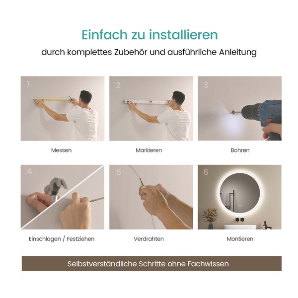 EMKE Badspiegel mit Beleuchtung LED-Spiegel mit Touchschalter ф60cm,  rund, Anti-Beschlag, 3 dimmbare Lichtfarben