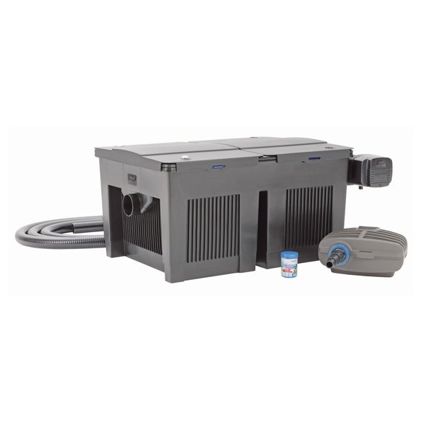 Oase Teichfilter-Set mit Durchlauffilter, Pumpe, Schlauch und Filterstarter.