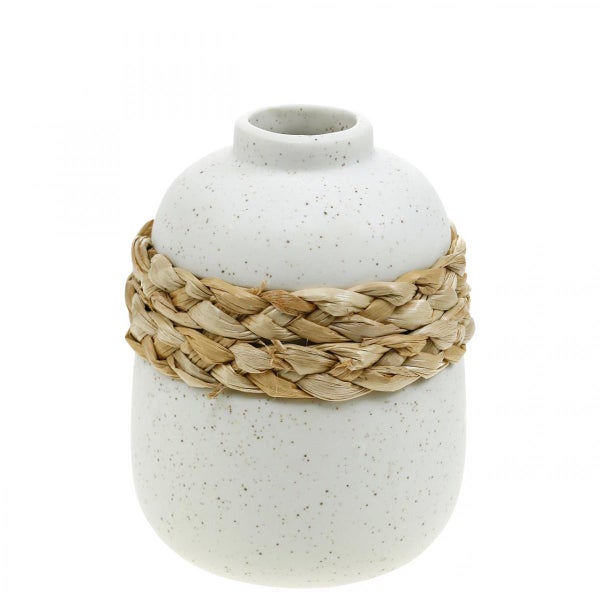 Dekorative Keramikvase mit gesprenkelter Oberfläche und einem Band aus geflochtenen Naturfasern.