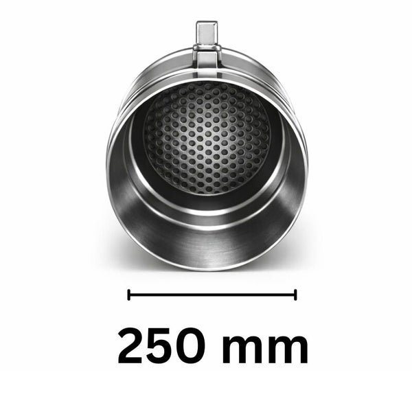 Edelstahlbehälter mit Lochmuster und Maßangabe 250 mm