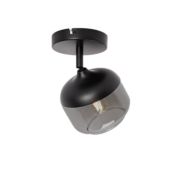 Deckenstrahler aus schwarzem Metall mit einem Schirm aus Rauchglas.