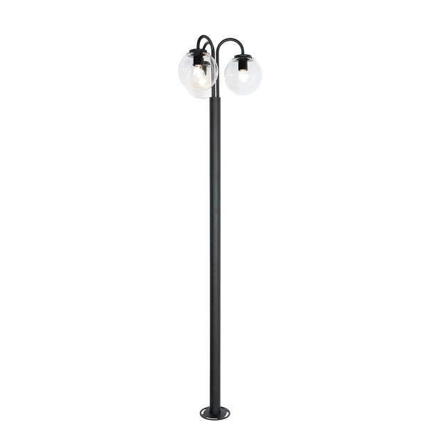 Dreiflammiger Außenkandelaber aus Metall mit drei klaren Glaskugelschirmen.