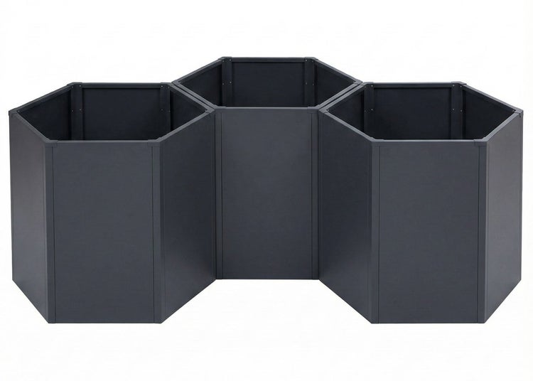 Dreiteiliges modulares Hochbeet aus Metall in hexagonaler Form, Anthrazit.
