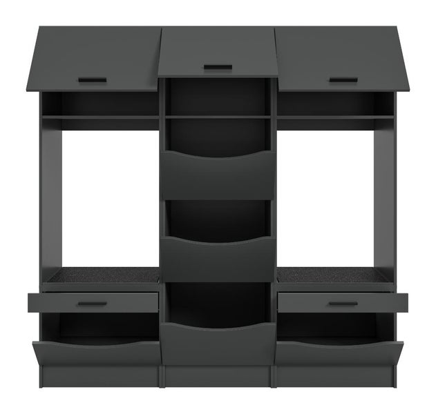 Modularer Werkstattschrank in Anthrazit mit Hängeschränken, Arbeitsplatten, Schubladen und offenen Ablagefächern für Werkzeuge.