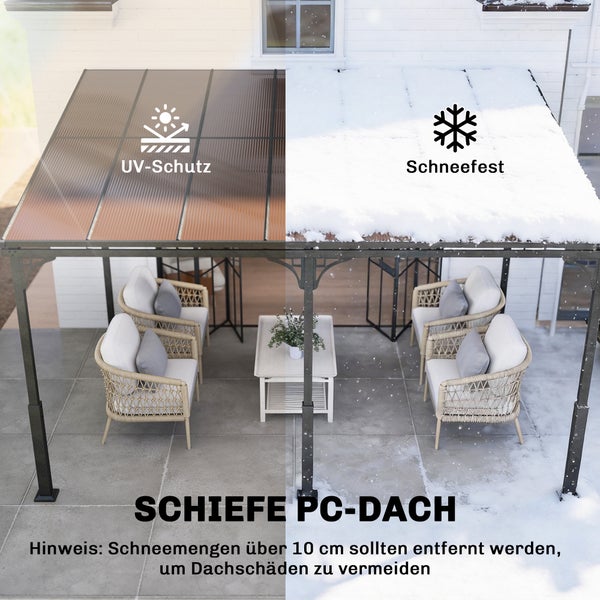 Wandmontierte Terrassenüberdachung mit Metallgestell und Esstischgarnitur aus Polyrattan auf einer gepflasterten Terrasse.