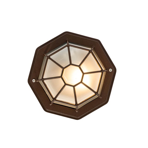 Achteckige Außenwandleuchte mit braunem Metallgehäuse, Gitterstruktur und warmweißem Licht.